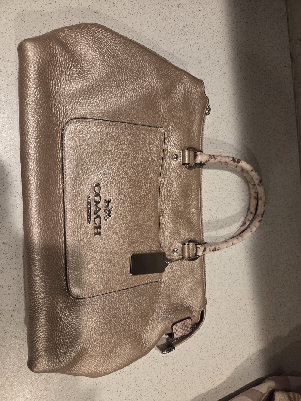 Coach Metallic Taupe Pebbled Leather Satchel with Snakeskin-Patterned Handles